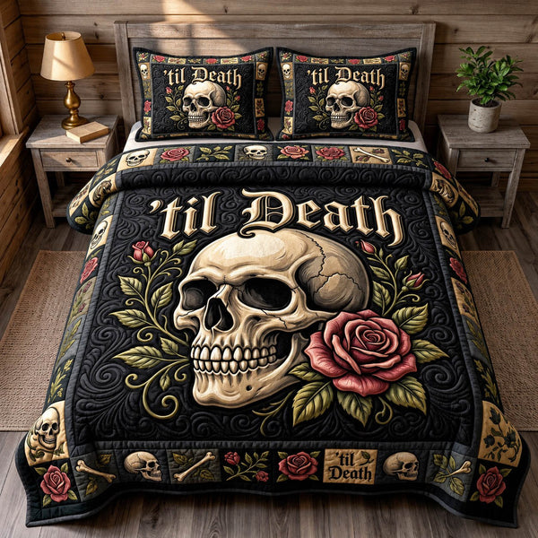 Haunted Skeleton quilted 3-piece bedding set on a made bed against a dark styled interior