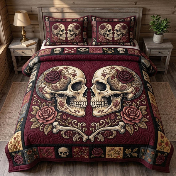 Haunted Skeleton quilted 3-piece bedding set on a made bed against a dark styled interior