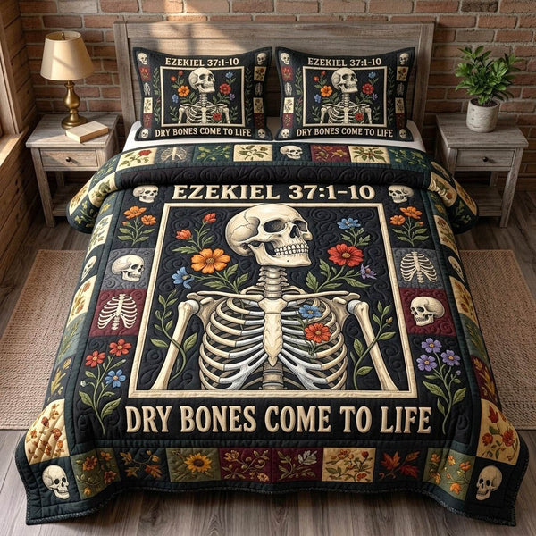 Haunted Skeleton quilted 3-piece bedding set on a made bed against a dark styled interior
