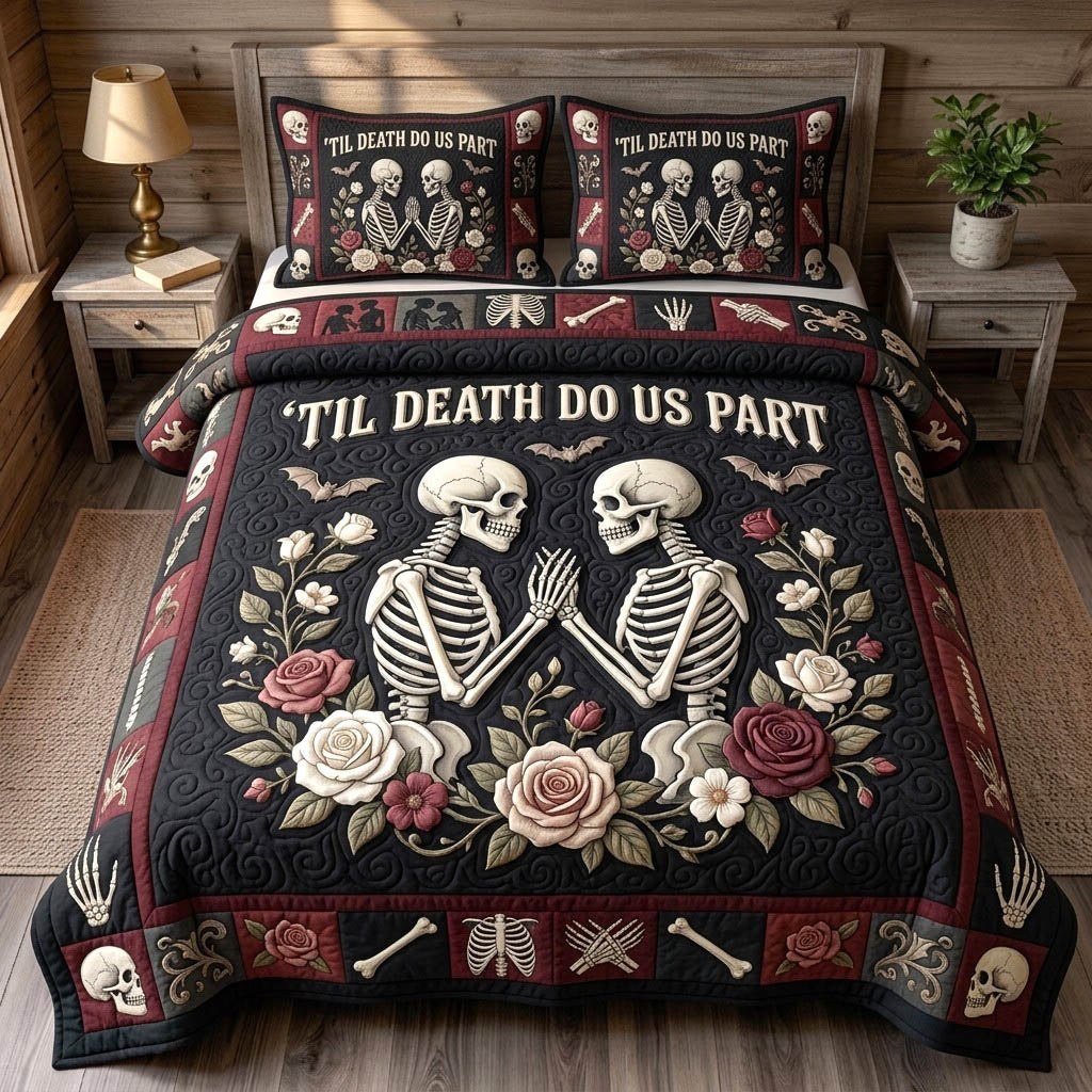 Haunted Skeleton quilted 3-piece bedding set on a made bed against a dark styled interior