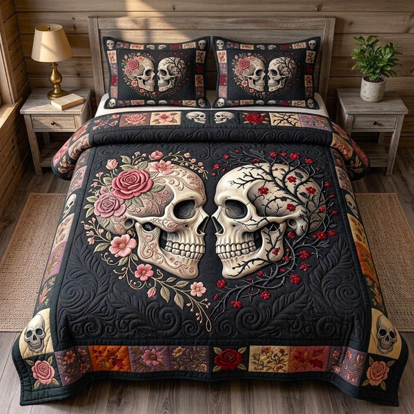 Haunted Skeleton quilted 3-piece bedding set on a made bed against a dark styled interior