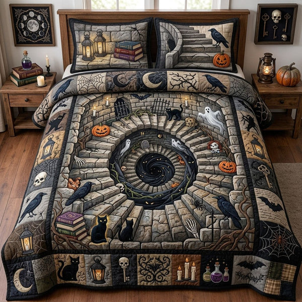 Haunted Stairway quilted 3-piece bedding set on a made bed against a dark styled interior