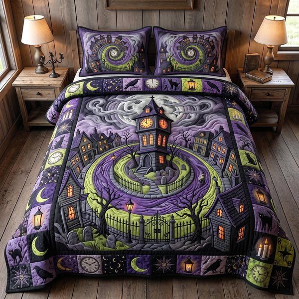 Haunted Town quilted 3-piece bedding set on a made bed against a dark styled interior
