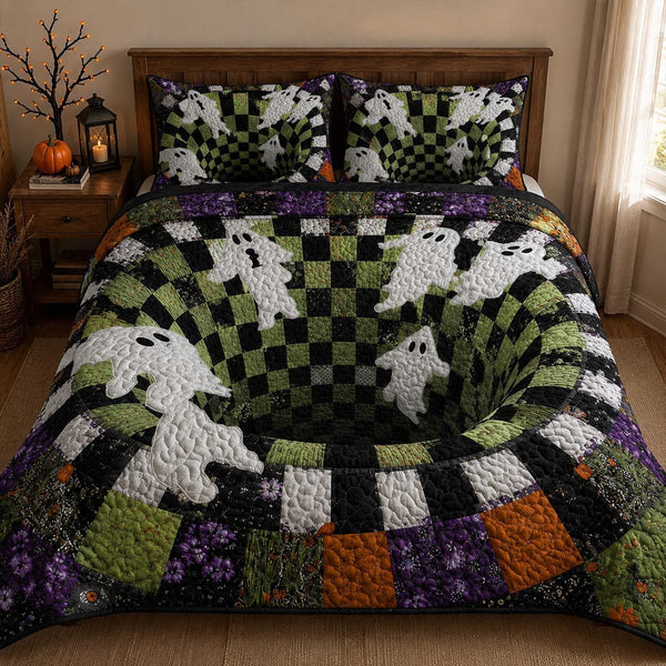 Haunted Whirl quilted 3-piece bedding set on a made bed against a dark styled interior