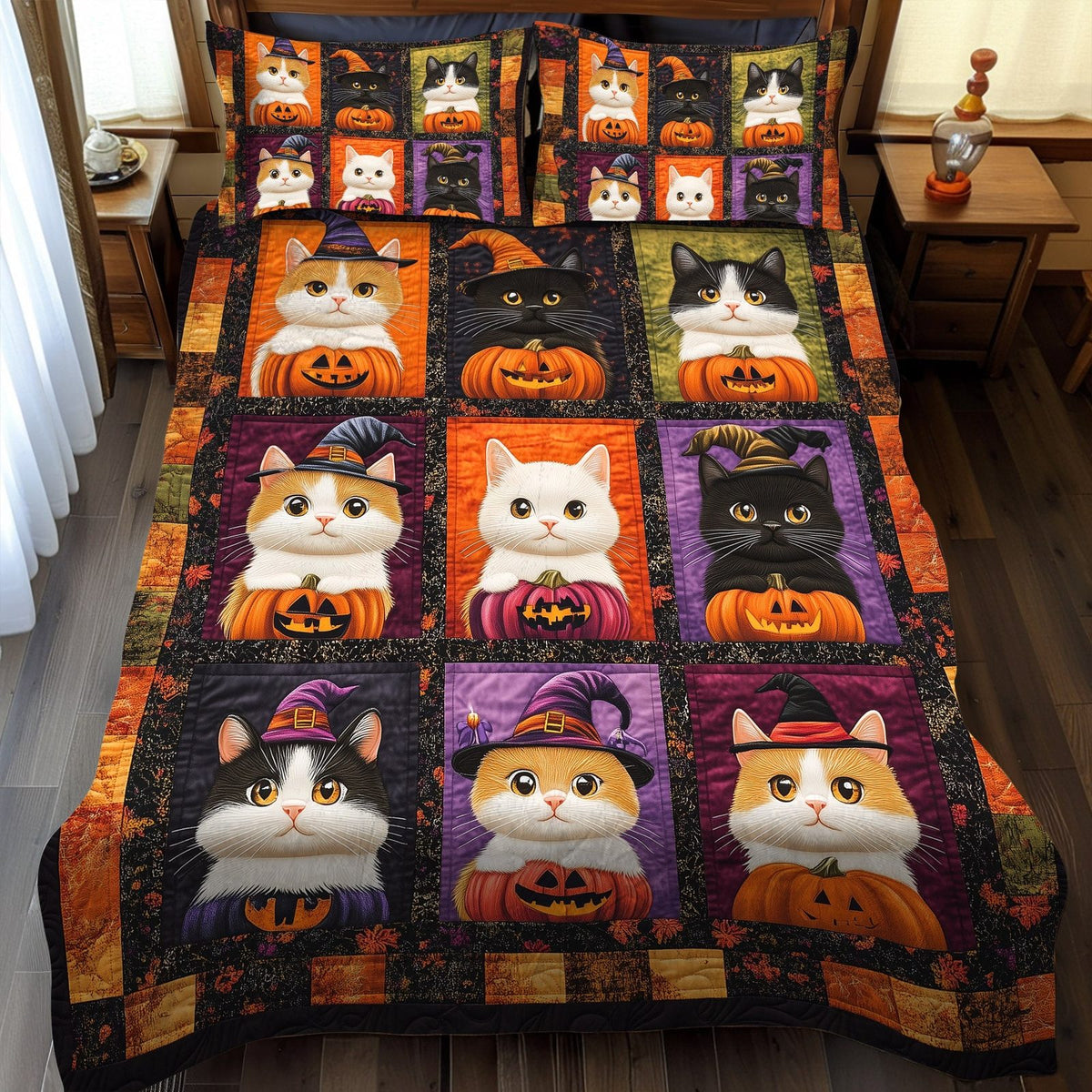 Haunted Whiskers quilted 3-piece bedding set on a made bed against a dark styled interior