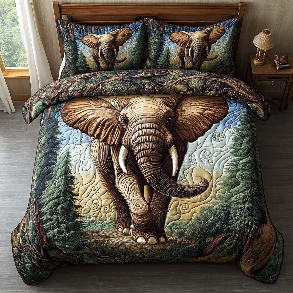 Haven of Harmony quilted 3-piece bedding set on a made bed with two matching pillow shams