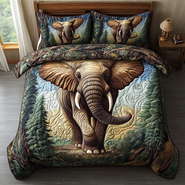 Haven of Harmony quilted 3-piece bedding set on a made bed with two matching pillow shams