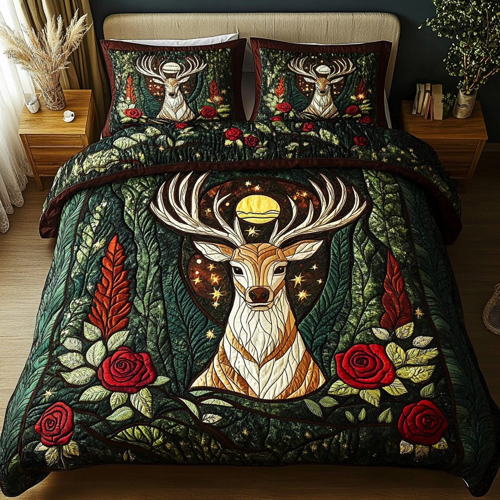Haven of the Herd quilted 3-piece bedding set on a made bed with two matching pillow shams