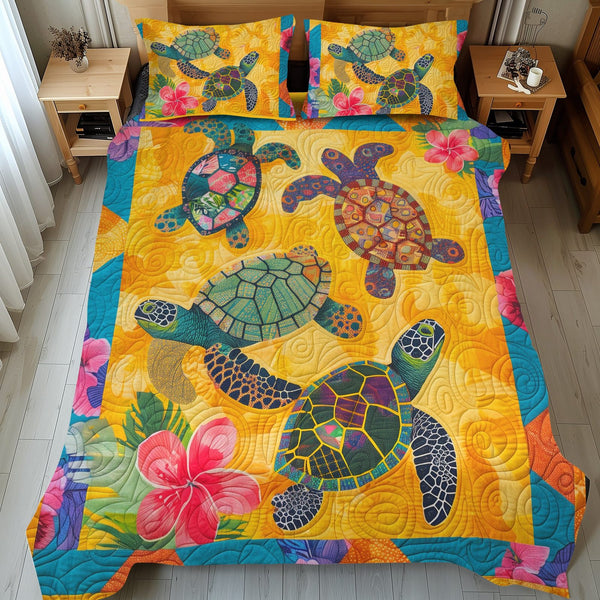 Hawaii Turtle quilted 3-piece bedding set on a made bed in a light coastal bedroom