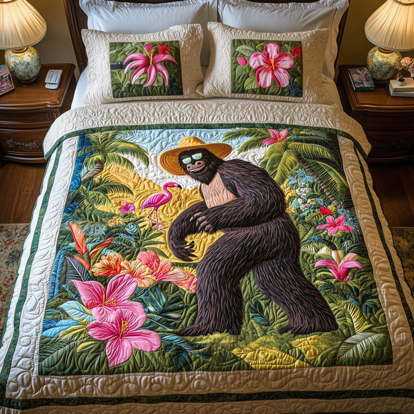 Hawaiian Bigfoot quilted 3-piece bedding set on a made bed with two matching pillow shams