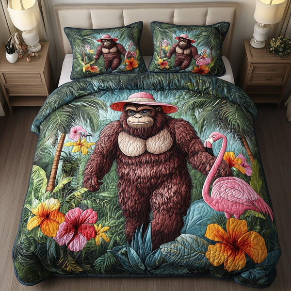 Hawaiian Bigfoot quilted 3-piece bedding set on a made bed with two matching pillow shams