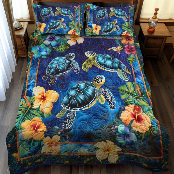 Hawaiian Bliss Turtle quilted 3-piece bedding set on a made bed in a light coastal bedroom