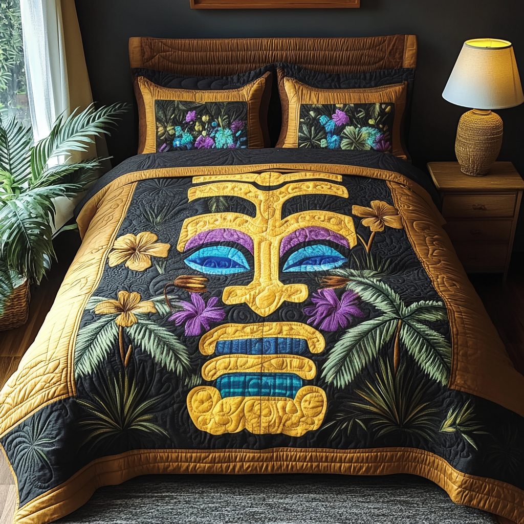 Hawaiian Heritage quilted 3-piece bedding set on a made bed in a farmhouse bedroom