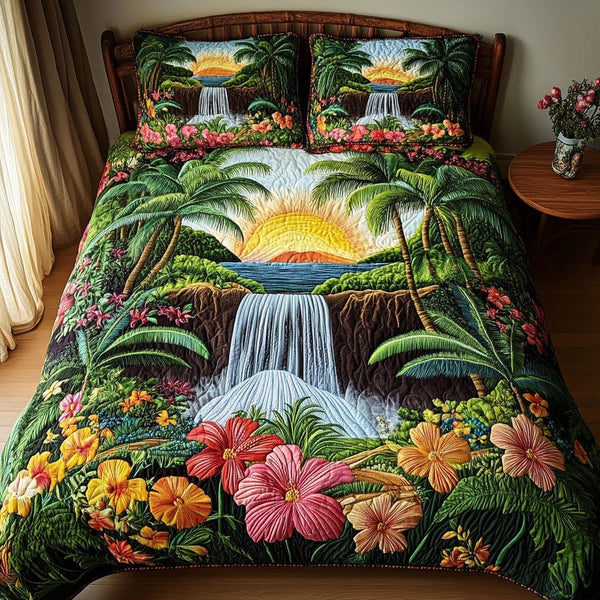 Hawaiian Sunset Symphony quilted 3-piece bedding set on a made bed with two matching pillow shams