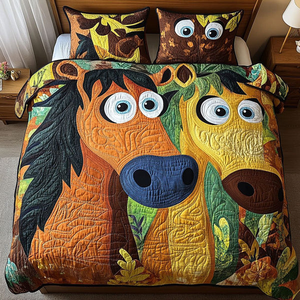 Hay There Buddy quilted 3-piece bedding set on a made bed with two matching pillow shams