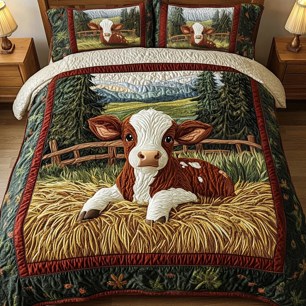 Hayfield Dream quilted 3-piece bedding set on a made bed with two matching pillow shams