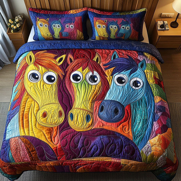 Haystack Humor quilted 3-piece bedding set on a made bed with two matching pillow shams