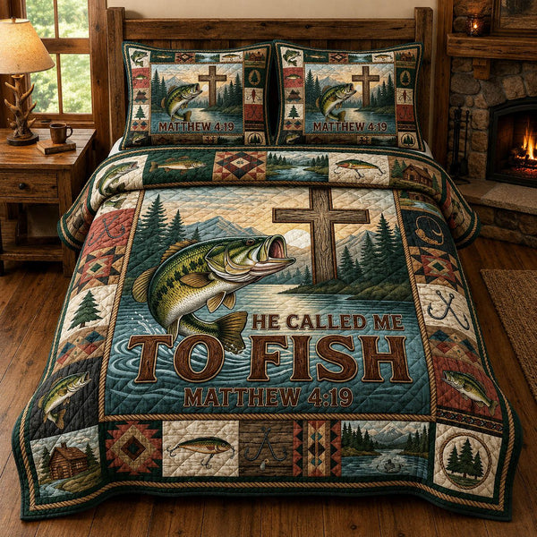 He Call Me To Fish quilted 3-piece bedding set on a made bed with two matching pillow shams