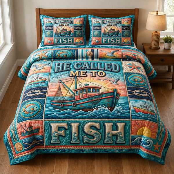 He Call Me To Fish quilted 3-piece bedding set on a made bed with two matching pillow shams