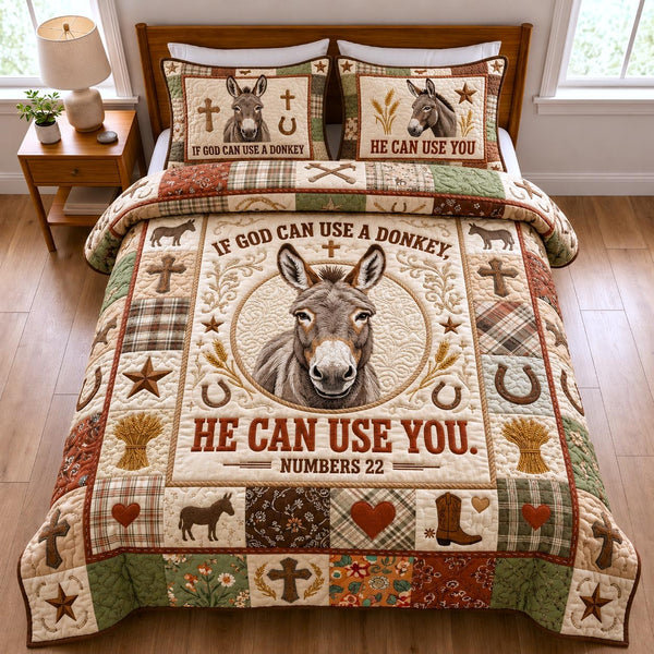 He Can Use You quilted 3-piece bedding set on a made bed with two matching pillow shams