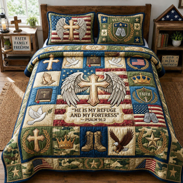 He Is My Refuge quilted 3-piece bedding set on a made bed with two matching pillow shams