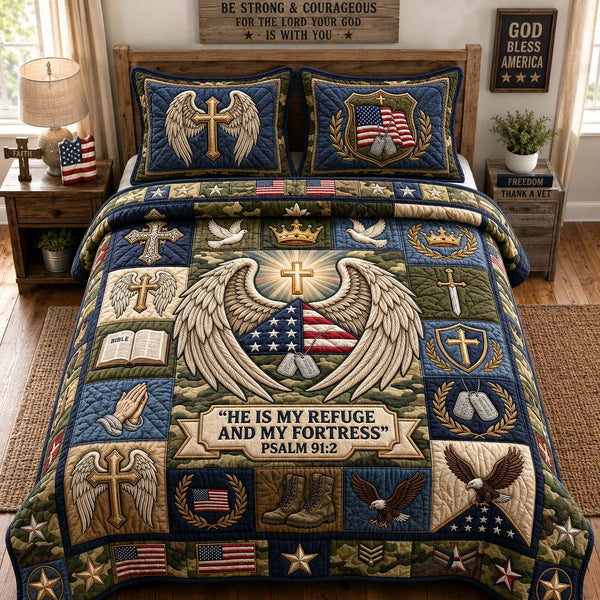 He Is My Refuge quilted 3-piece bedding set on a made bed with two matching pillow shams