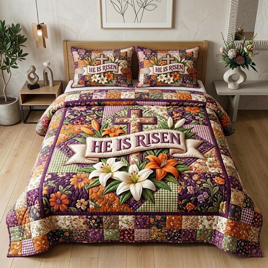 He Risen quilted 3-piece bedding set on a made bed with two matching pillow shams