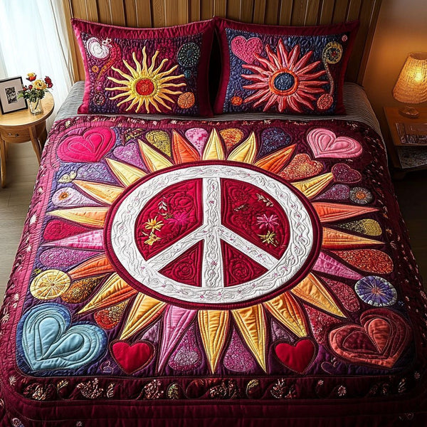 Heart and Harmony quilted 3-piece bedding set on a made bed with two matching pillow shams
