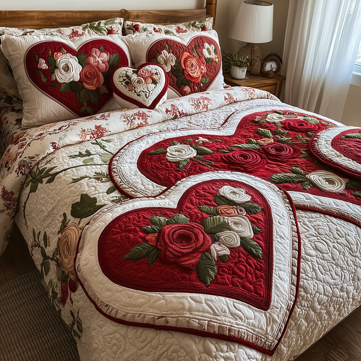 Heart and Rose quilted 3-piece bedding set on a made bed with two matching pillow shams