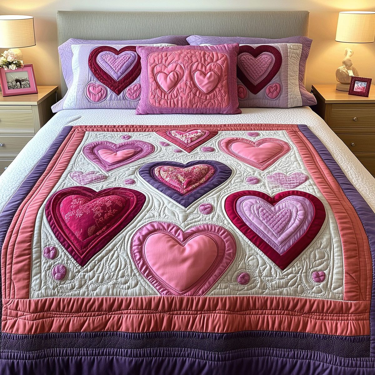 Heart Bloom quilted 3-piece bedding set on a made bed with two matching pillow shams
