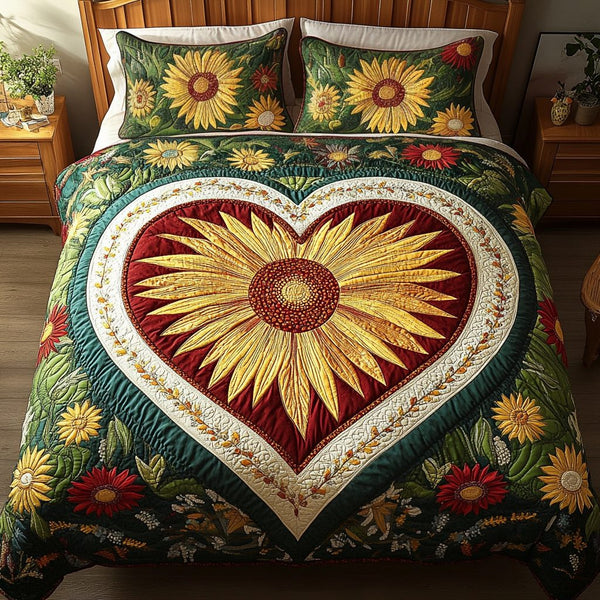 Heart Bloom quilted 3-piece bedding set on a made bed with two matching pillow shams