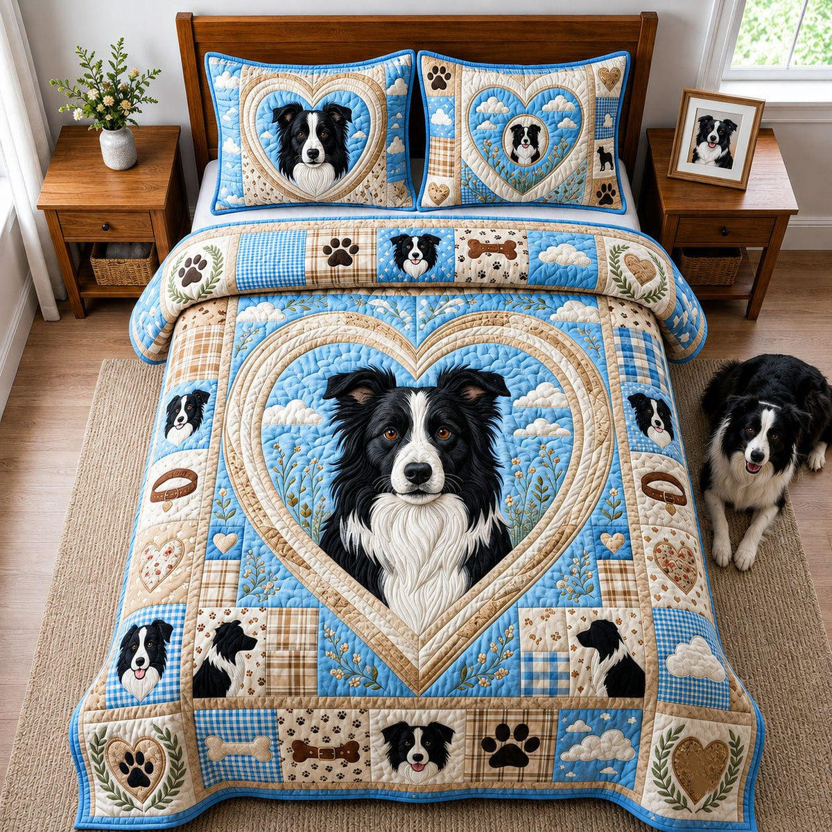 Heart Border Collie quilted 3-piece bedding set on a made bed with two matching pillow shams