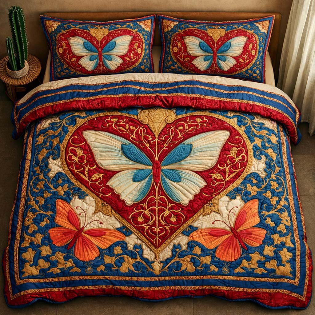 Heart Butterfly quilted 3-piece bedding set on a made bed with two matching pillow shams