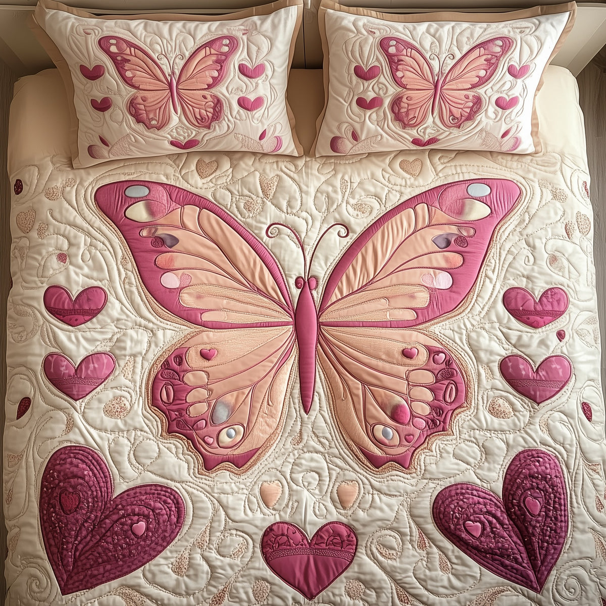Heart Butterfly quilted 3-piece bedding set on a made bed with two matching pillow shams
