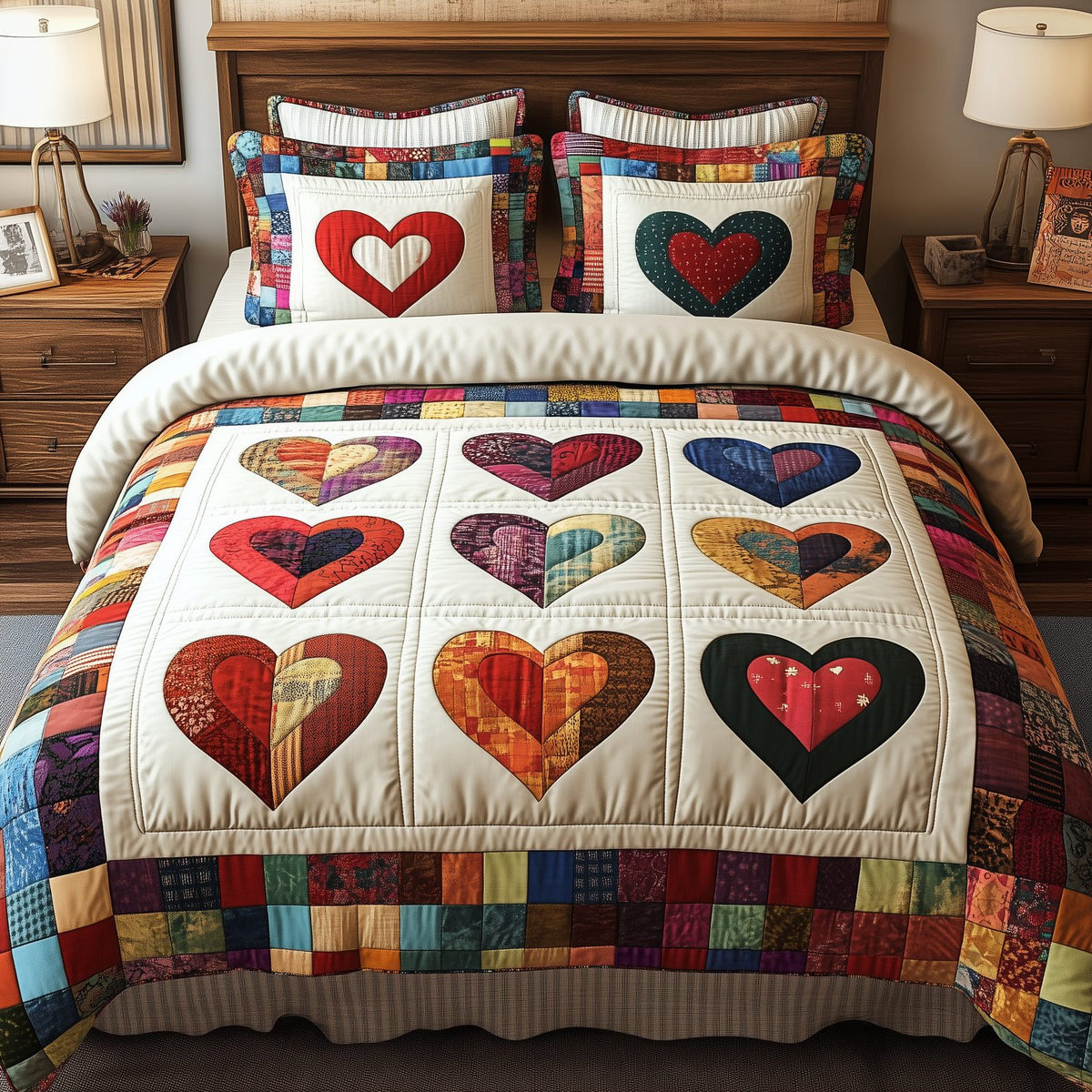 Heart By Heart quilted 3-piece bedding set on a made bed with two matching pillow shams
