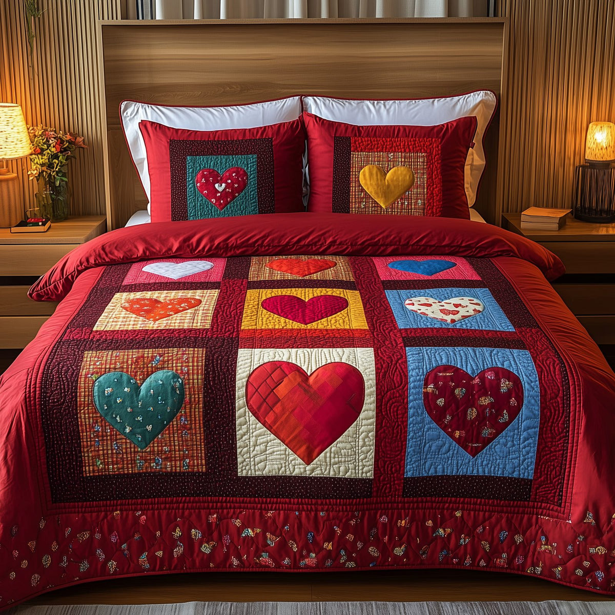 Heart By Heart quilted 3-piece bedding set on a made bed with two matching pillow shams