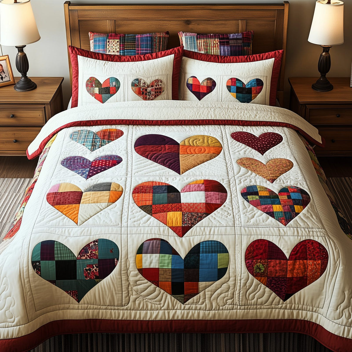Heart By Heart quilted 3-piece bedding set on a made bed with two matching pillow shams