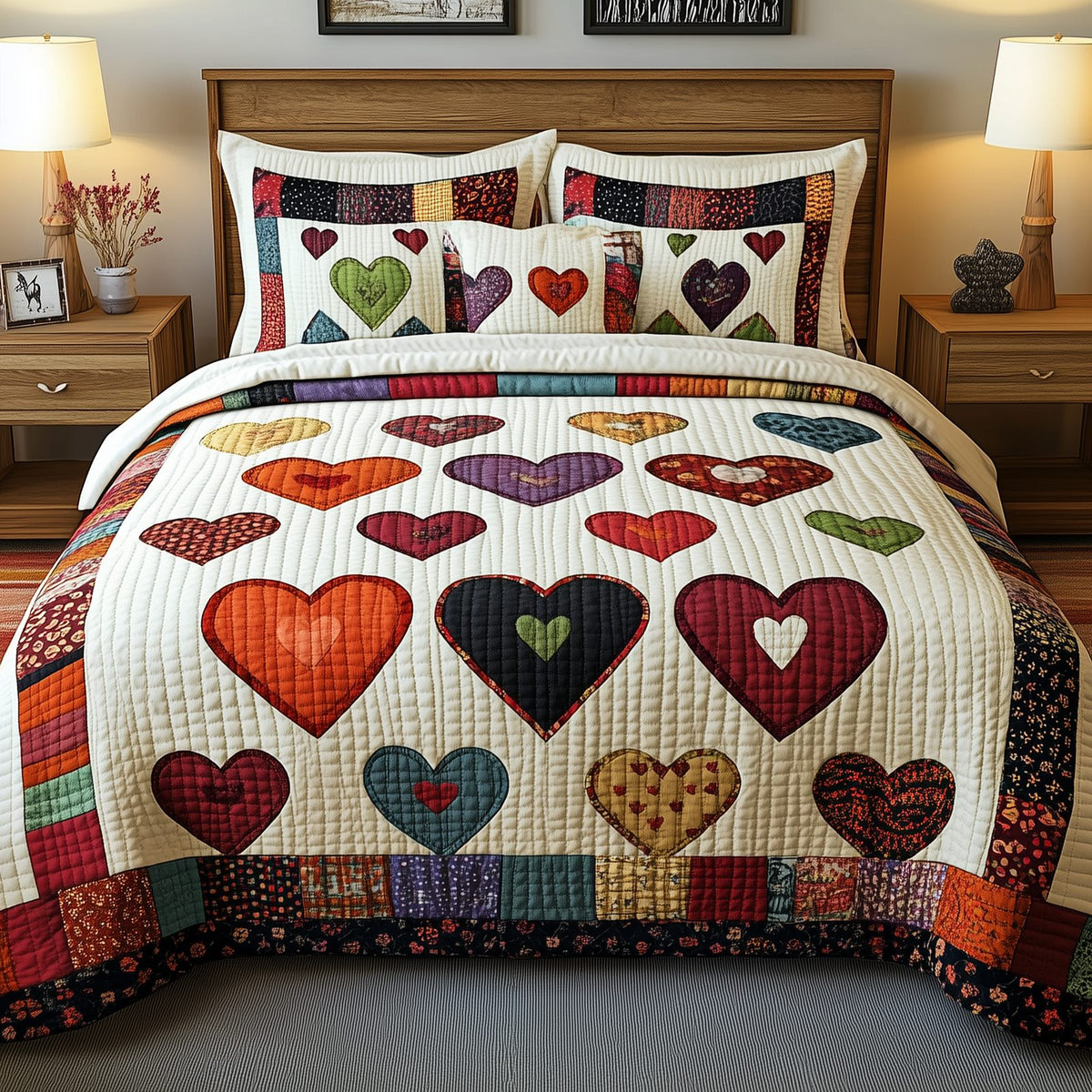 Heart By Heart quilted 3-piece bedding set on a made bed with two matching pillow shams