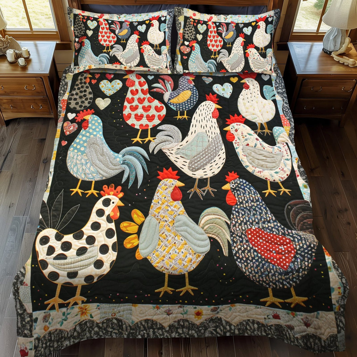 Heart Chickens quilted 3-piece bedding set on a made bed with two matching pillow shams