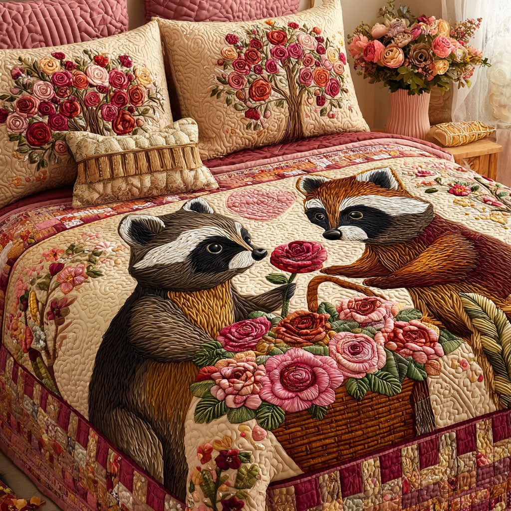 Heart Companions quilted 3-piece bedding set on a made bed with two matching pillow shams