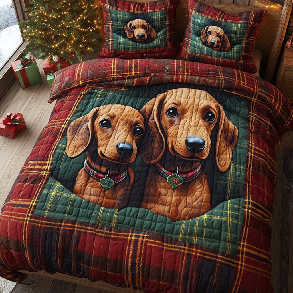 Heart Dachshund quilted 3-piece bedding set on a made bed with two matching pillow shams