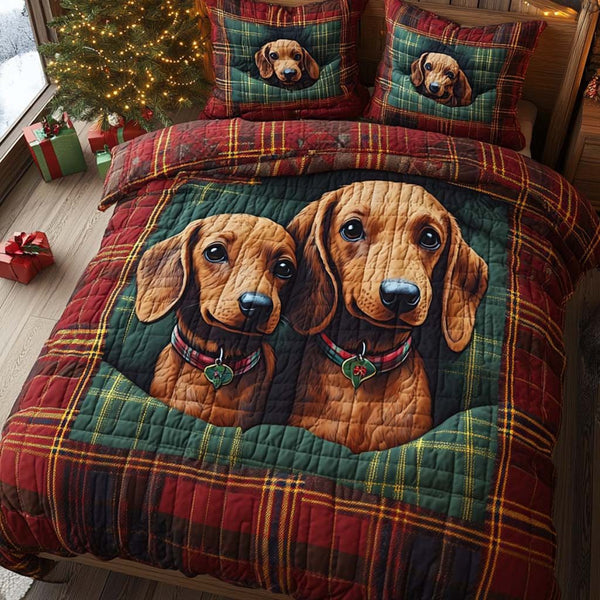 Heart Dachshund quilted 3-piece bedding set on a made bed with two matching pillow shams