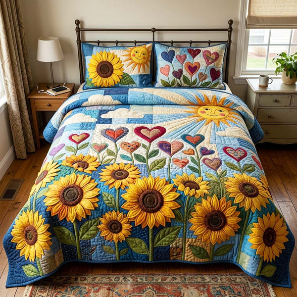 Heart Garden quilted 3-piece bedding set on a made bed with two matching pillow shams