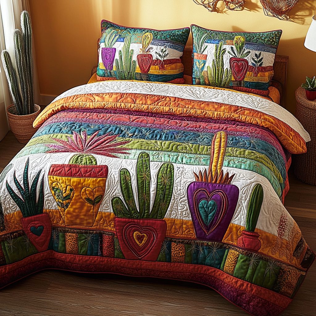 Heart Garden quilted 3-piece bedding set on a made bed with two matching pillow shams