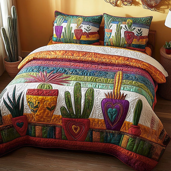Heart Garden quilted 3-piece bedding set on a made bed with two matching pillow shams