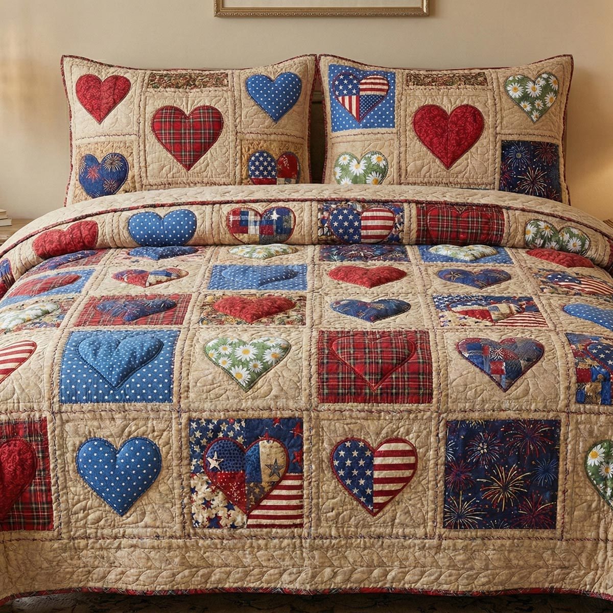 Heart Harmony quilted 3-piece bedding set on a made bed with two matching pillow shams