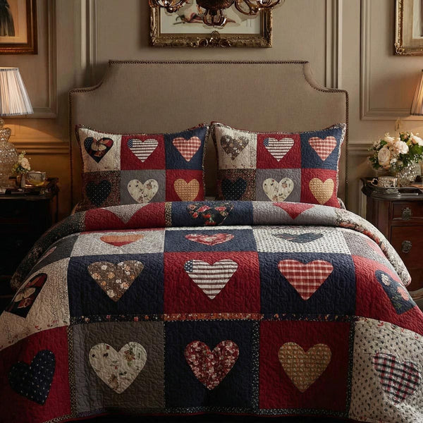 Heart Haven quilted 3-piece bedding set on a made bed with two matching pillow shams