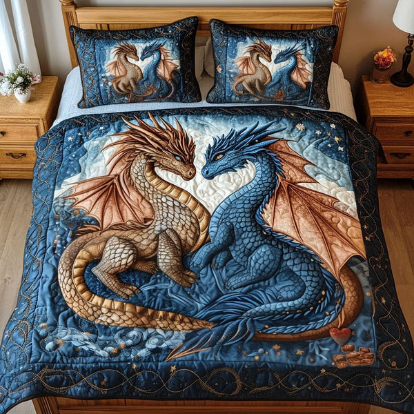 Heart of Dragons quilted 3-piece bedding set on a made bed with two matching pillow shams