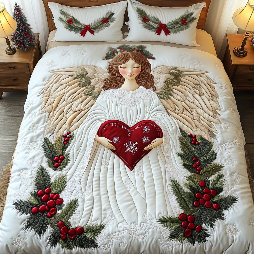 Heart of Joy quilted 3-piece bedding set on a made bed with two matching pillow shams