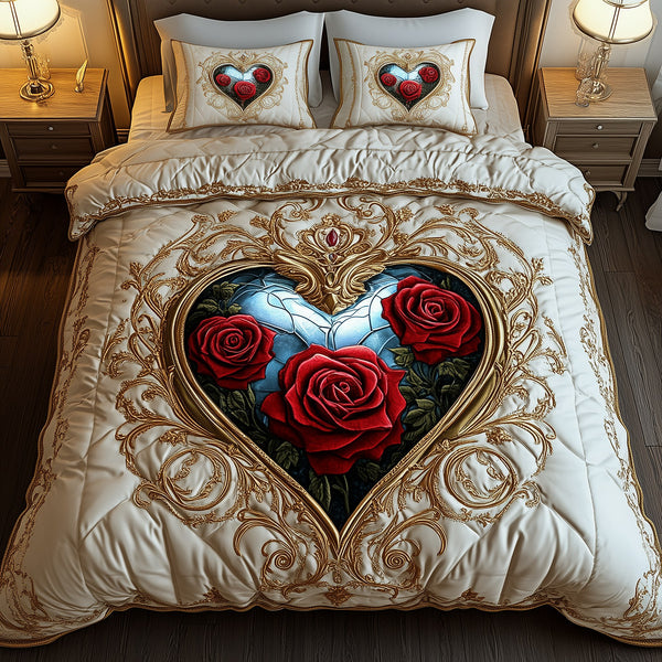 Heart of Roses quilted 3-piece bedding set on a made bed with two matching pillow shams